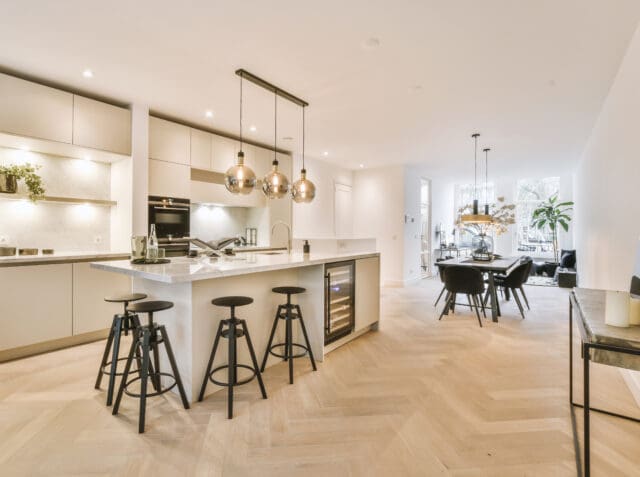 Kitchen and dining zone in modern apartment